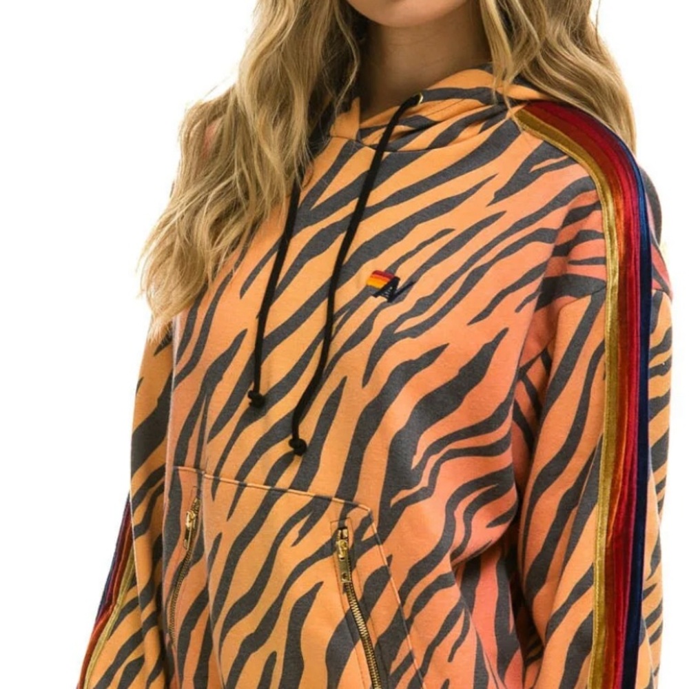 Aviator Nation Classic Relaxed Pullover Hoodie w Zipper Pockets-Tiger size Med